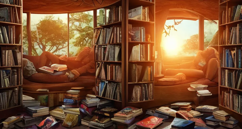 Image similar to A scene from a 2022 Marvel film featuring a cozy art deco reading nook inside a fantasy treehouse. Disorganized Books. Elevated platforms. Golden Hour. 8K UHD.