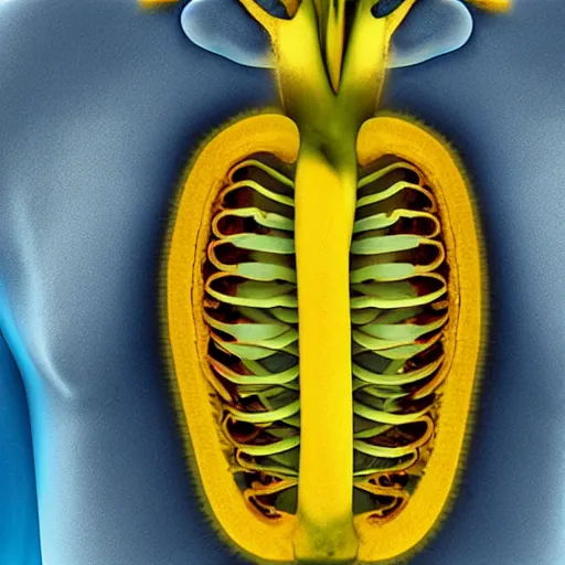 Image similar to Chest CT scan showing a banana lodged in the middle of the chest