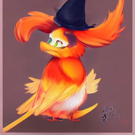 Image similar to cute fiery bird wearing a witch\'s hat. kawaii, adorable, digital art, trending on artstation, fiery bird, anime art by Aokamei and Ross Tran