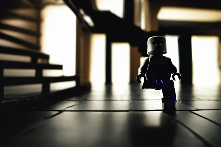 Image similar to a small faceless figure walking down a darkened stairway made of lego in a house at night, horror film