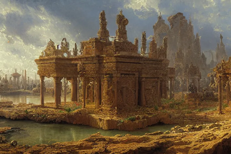 Image similar to detailed painting of a multiverse gateway in ancient mesopotamia in the middle of a sulphur lake, filigree ornaments, andreas achenbach, simon stalenhag