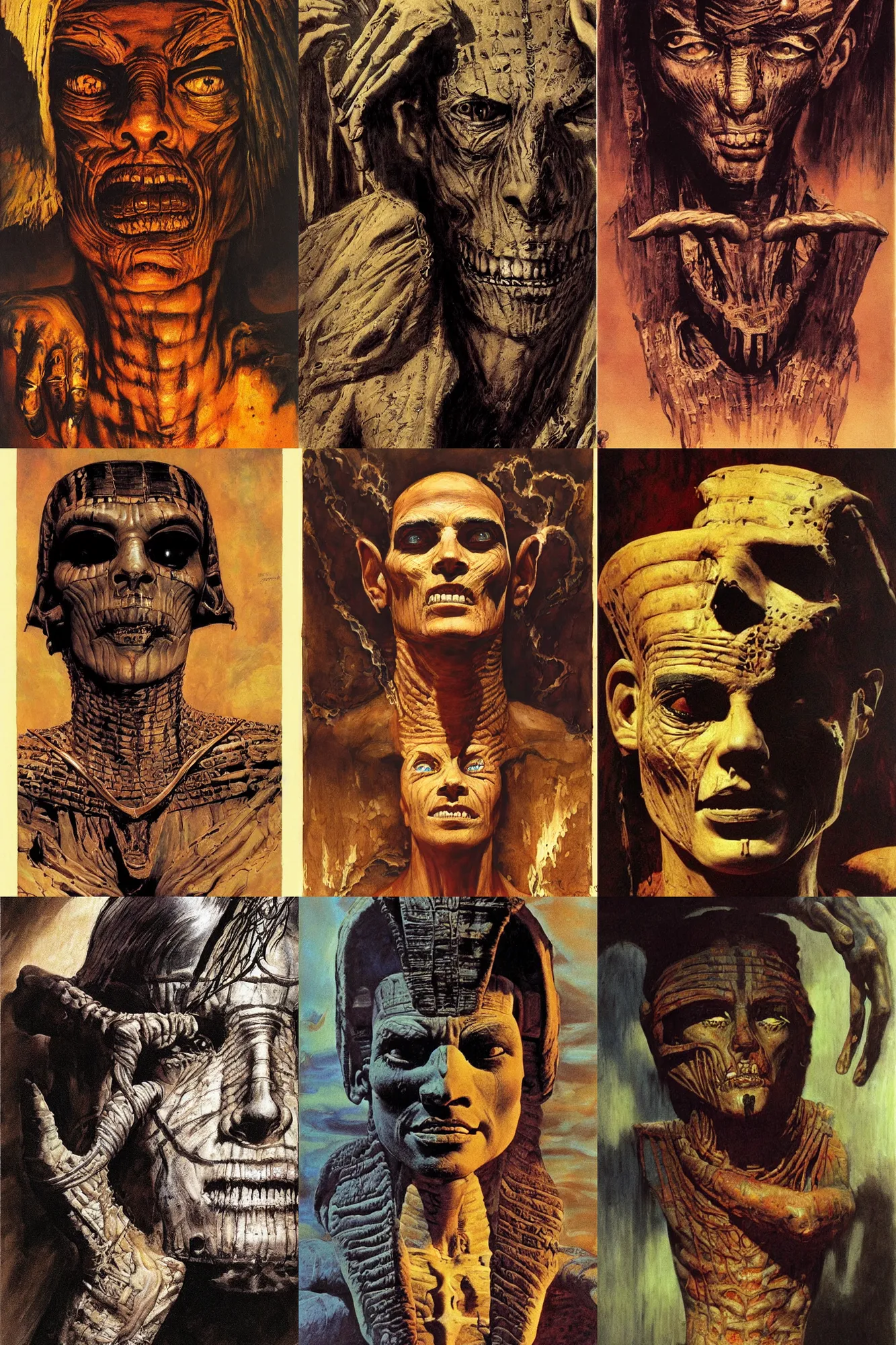 Prompt: detailed portrait of the mummy, or ramses the damned written by anne rice, illustrated by frank frazetta, ken kelly, simon bisley, richard corben, dark, psychedelic, hallucinogenic, lsd