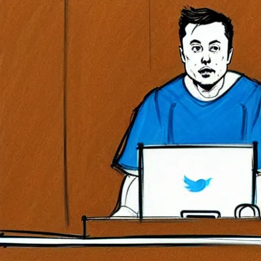 Prompt: courtroom sketches from the elon musk v twitter trial, the judge is a bluebird