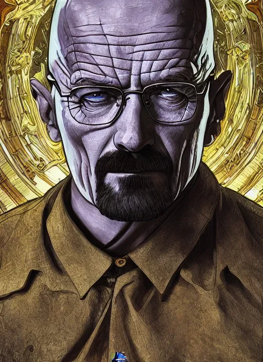 Image similar to Walter White as God of Blue Crystal Meth, brutal, epic, intricate, elegant, highly detailed, digital painting, 4k, HDR, concept art, smooth, sharp focus, illustration, art by alphonse mucha,artgerm, H R Giger