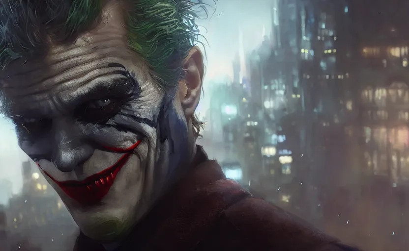 Image similar to highly detailed portrait of christoph waltz as the joker, in batman : arkham knight, stephen bliss, unreal engine, fantasy art by greg rutkowski, loish, rhads, ferdinand knab, makoto shinkai and lois van baarle, ilya kuvshinov, rossdraws, tom bagshaw, global illumination, radiant light, detailed and intricate environment