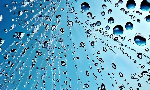 Prompt: beautiful picture of a sunny blue sky with a magical vertical cylindrical tunnel of big upside-down raindrops floating quietly