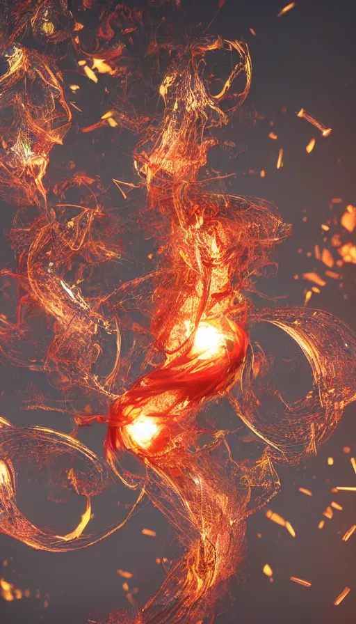 Image similar to 8 k uhd houdini recursive dna structure, background radiant swirling smoke wisps, gold red cream palette, volumetric lighting, 1 8 mm lens