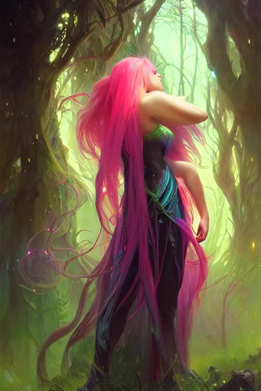 Image similar to stunningly beautiful female neon hair, fantasy art, fae priestess, mushroom forest landscape, dark light night, sharp focus, digital painting, 4 k, concept art, art by wlop, artgerm, greg rutkowski and alphonse mucha