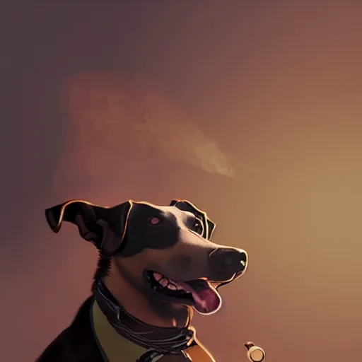 Image similar to a dog wearing smoking a cigar, dramatic lighting, cinematic, establishing shot, extremly high detail, photorealistic, cinematic lighting, concept art, artstation, style by greg rutkowsky