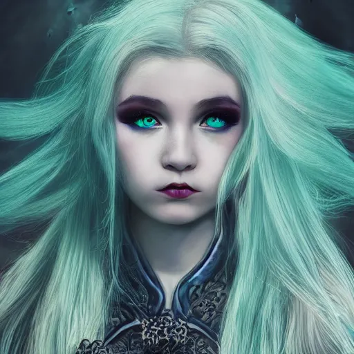 Image similar to The dragon girl portrait, portrait of young girl half dragon half human, dragon girl, dragon skin, dragon eyes, dragon crown, blue hair, long hair, highly detailed, cinematic lighting, by Tim Burton