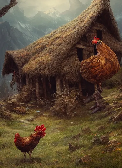 Image similar to two giant chicken legs below witch hut, greg rutkowski, zabrocki, karlkka, jayison devadas, trending on artstation, 8 k, ultra wide angle, zenith view, pincushion lens effect