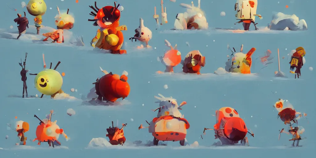 Prompt: cute anime monsters building snowmen by Goro Fujita and Simon Stalenhag and Kandinsky and Magritte and Basquiat and Picasso, 8k, trending on artstation, hyper detailed, cinematic