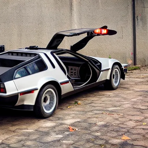 Prompt: a delorean with tiger skin print viynl rap,