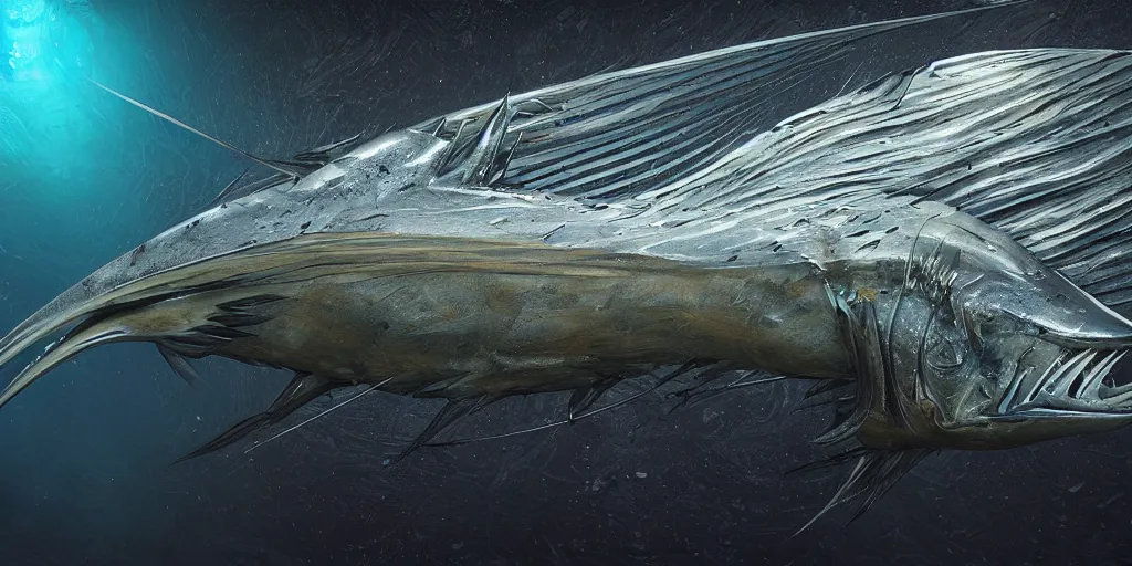 Image similar to sailfish, stylized layered textures, long flowing fins, bioluminescent orbs, 3 d render, substance painter, glowing eye, smooth, sharp focus, art by h r giger