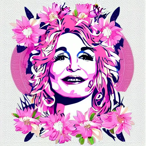 Prompt: flower child, Dolly Parton, graphic design, pink