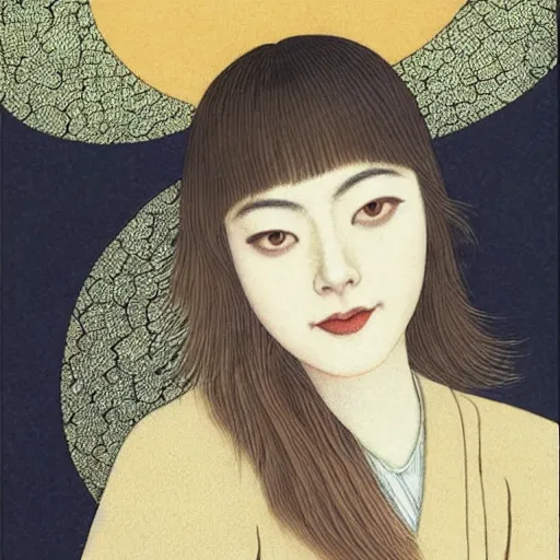 Prompt: “ emma stone portrait by ikenaga yasunari, drawing, realistic, sharp focus, japanese, dreamy, nostalgia, faded, golden hues, floral clothes, ”