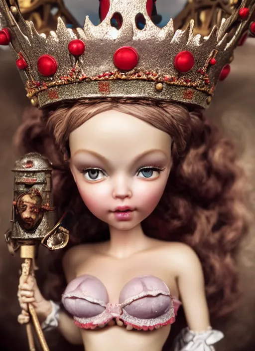 Image similar to highly detailed closeup, face profile portrait of a tin toy fairytale princess wearing a crown eating cakes, bikini, unreal engine, nicoletta ceccoli, mark ryden, earl norem, lostfish, global illumination, detailed and intricate environment