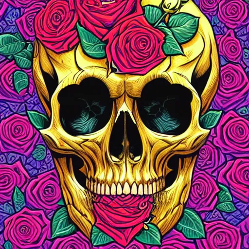 Image similar to ortographic view of a large skull and vivid roses by Jen Bartel and Dan Mumford and Satoshi Kon, gouache illustration