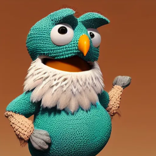 Image similar to anthropomorphic cute bird character wearing a knitted sweater, Disney Pixar, in the style of claymation, high detail, detailed feathers and fur, 3d render