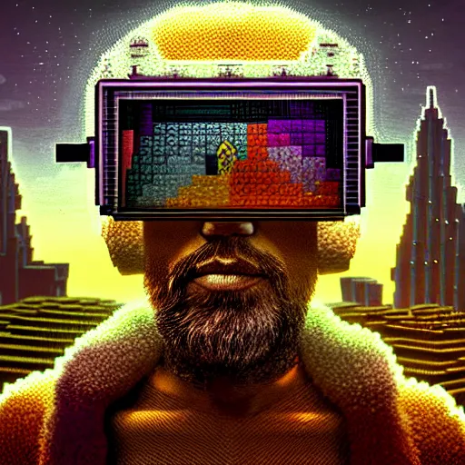 Image similar to Colour Minecraft style Photography of 1000 years old man with highly detailed 1000 years old face wearing higly detailed cyberpunk VR Headset designed by Josan Gonzalez Many details. . In style of Josan Gonzalez and Mike Winkelmann andgreg rutkowski and alphonse muchaand Caspar David Friedrich and Stephen Hickman and James Gurney and Hiromasa Ogura. Rendered in Blender