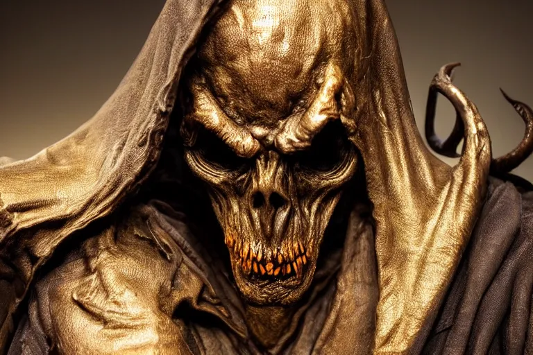 Prompt: photo taken of an epic intricate, ultra detailed, super realistic sculpture of a nightmarish hellish demonic hooded grim reaper on display in a workshop, created by weta workshop, zoomed in shots, photorealistic, sharp focus, f 0. 4, face centred, macro photography, golden ratio, golden hour