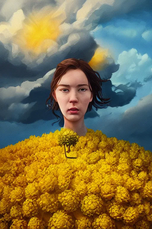 Image similar to closeup girl with huge yellow dahlia flower face, intricate, standing on mountain, surreal photography, blue storm clouds, dramatic light, impressionist painting, digital painting, artstation, simon stalenhag