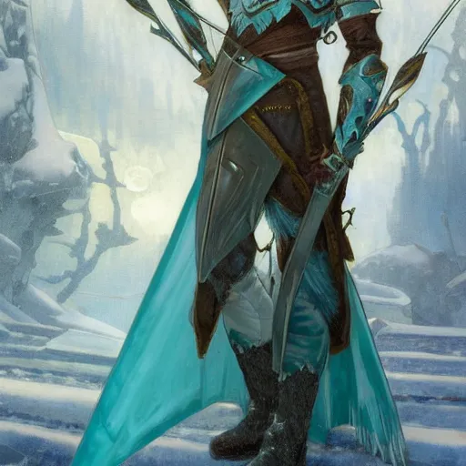 Image similar to an epic concept art of a handsome snow elf in a turquoise cape and silver armour, bow and arrow, albino skin, winter vibes, elegant, very coherent symmetrical artwork, rule of thirds, by ralph hosley and alphonse mucha and charlie bowater, sharp focus, trending on artstation