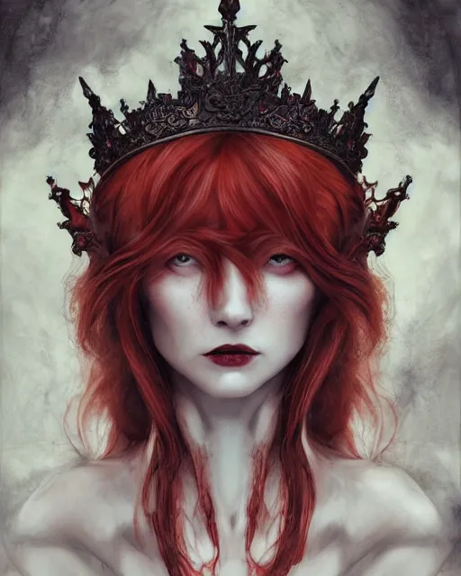 Prompt: redhead queen in heavy redarmor, inside an epic gothic castle, baroque hearts, large crown, face with scars, mad grin, intimidating, ominous, high fantasy, intricate detail, digital painting, artstation, concept art, smooth, sharp focus, illustration, art by yoshitaka amano and monia merlo and wlop