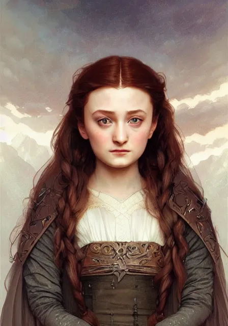 Prompt: little girl sansa stark, intricate, elegant, highly detailed, digital painting, artstation, concept art, smooth, sharp focus, illustration, art by artgerm and greg rutkowski and alphonse mucha and william - adolphe bouguereau