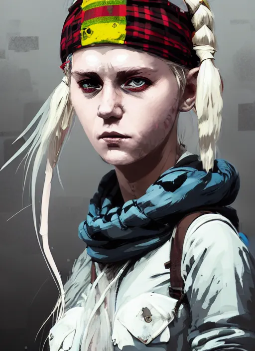 Image similar to highly detailed closeup portrait of a sewer punk swedish female road warrior student, tartan garment, blonde hair pigtails with headband by atey ghailan, by greg rutkowski, by greg tocchini, by james gilleard, by joe fenton, by kaethe butcher, gradient sapphire, black, brown and white color scheme, grunge aesthetic!!! white graffiti tag wall background