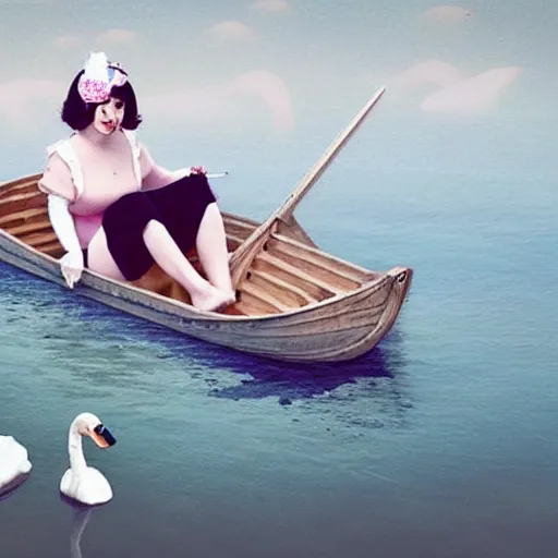 Prompt: realistic photo of Melanie Martinez rowing a boat across a big pond with lillpads and swans