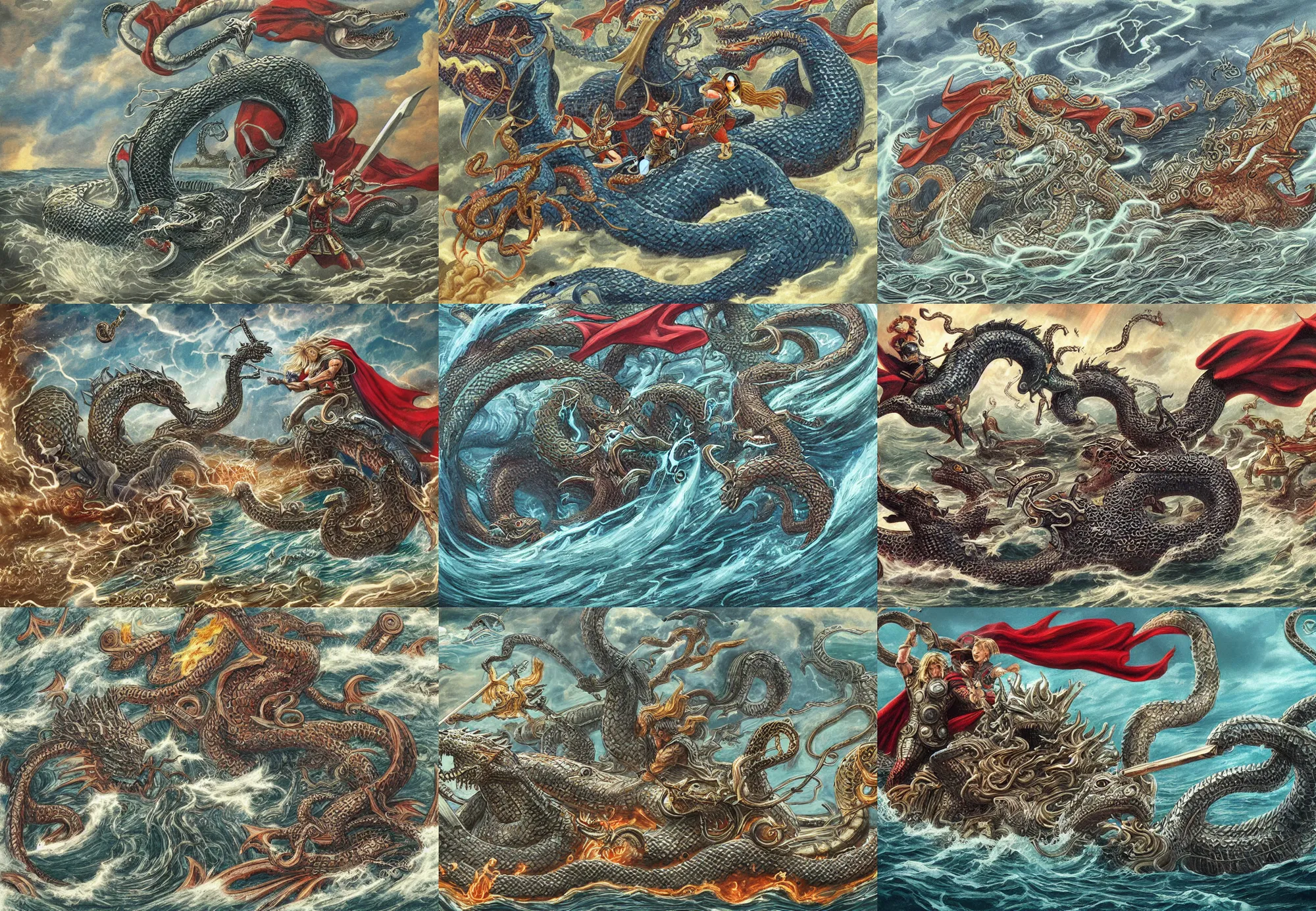 Prompt: thor god of thunder slaying sea serpent chaos dragon jormungandr, during battle of ragnarok, detailed artwork