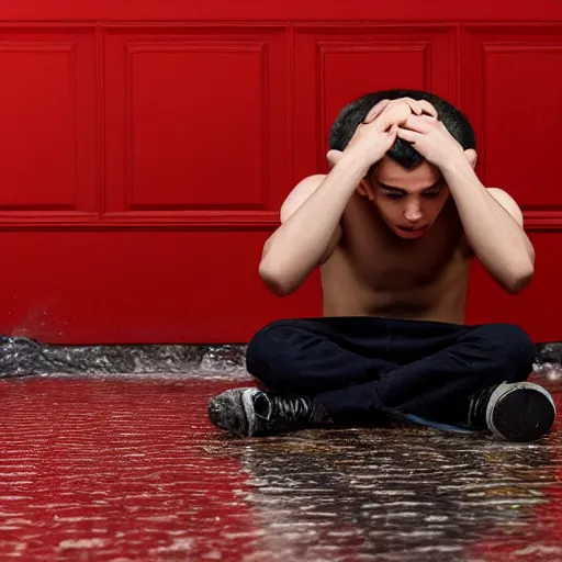 Prompt: A wet young man is standing on the floor on his head in the red room rain