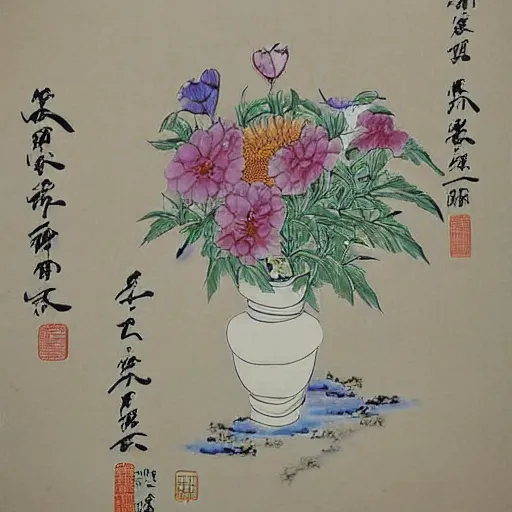 Image similar to amongst the flowers is a pot of wine, i pour alone but with no friend at hand, chinese painting