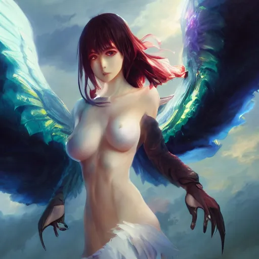 Image similar to an oil painting of a beautiful anime girl with demon wings, by artgerm and greg rutkowski, hd, hdr, ue 5, ue 6, unreal engine 5, cinematic 4 k wallpaper, 8 k, ultra detailed, high resolution, artstation, award winning