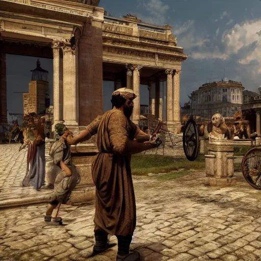 Image similar to 8 k, uhd, historical coloured pictures of ancient roman playing ps 5, highly details textures, highly details content