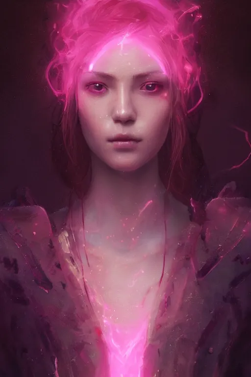 Image similar to a fancy close up portrait of a beautiful light mage covered in deep pink aura by Greg Rutkowski, Sung Choi, Mitchell Mohrhauser, Maciej Kuciara, Johnson Ting, Maxim Verehin, Peter Konig, final fantasy , mythical, 8k photorealistic, cinematic lighting, HD, high details, atmospheric,