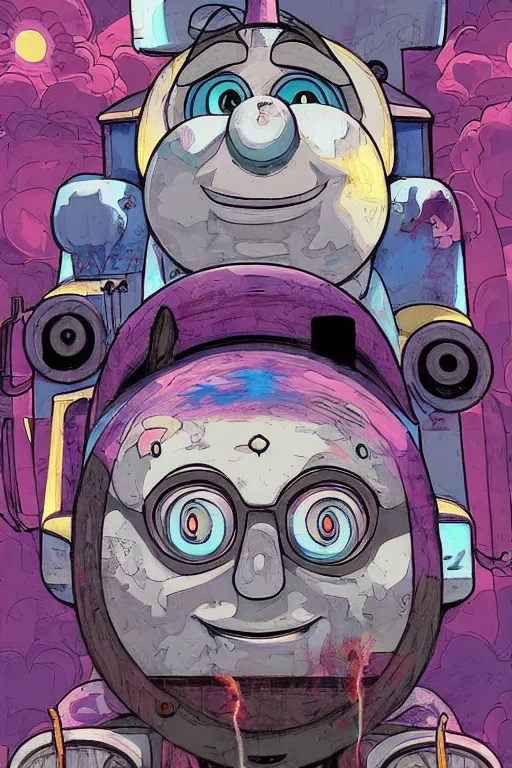 Image similar to concept art painting of a demonic thomas the tank engine, artgerm, moebius, inio asano, toon shading, cel shading, calm, tranquil, vaporwave colors,