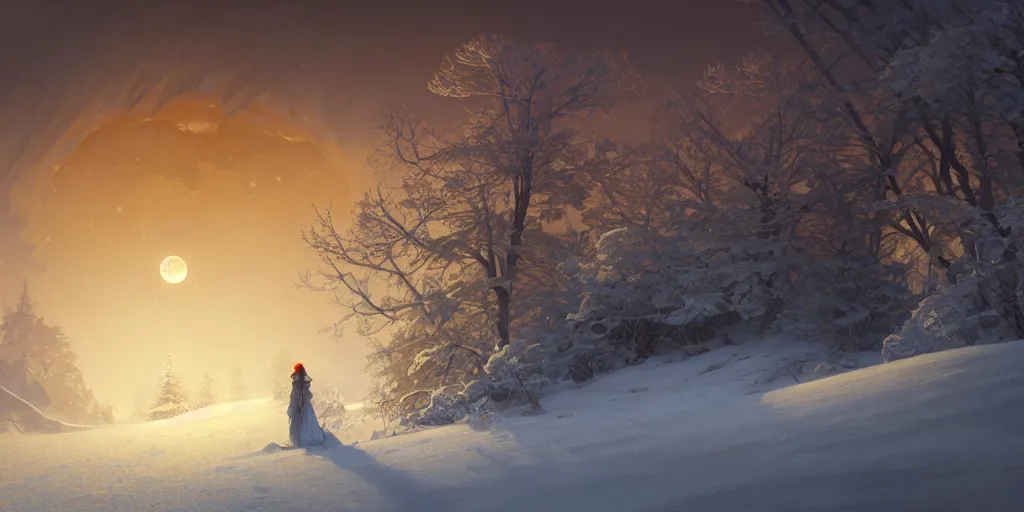 Prompt: painting a snowy landscape under the blood moon, decorated, intricate, elegant, highly detailed, digital painting, artstation, concept art, smooth, sharp focus, illustration, art by artgerm and greg rutkowski and alphonse mucha, 8 k