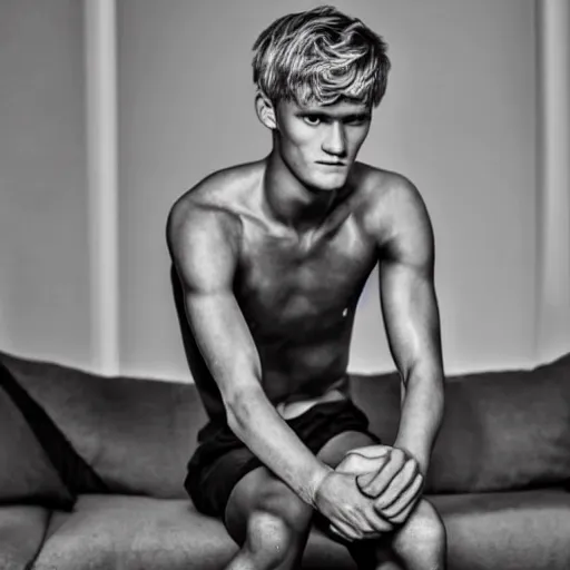 Image similar to a realistic detailed photo of a guy who is an attractive humanoid who is half robot and half humanoid, who is a male android, soccer player martin ødegaard, shiny skin, posing like a statue, blank stare, in a living room, on display, showing off his muscles, spiral eyes