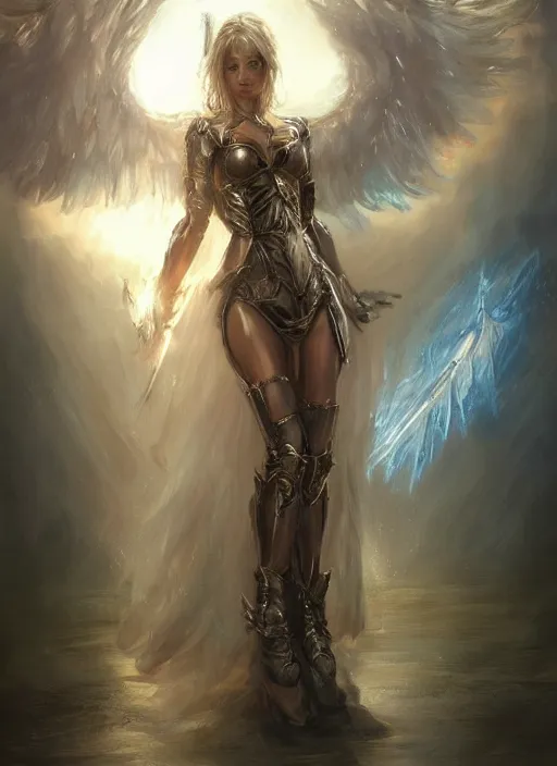 Image similar to concept art, angel knight girl. by artstation trending, by joseph mallord william turner, luis royo, konstantin razumov, cinematic lighting, highly detailed