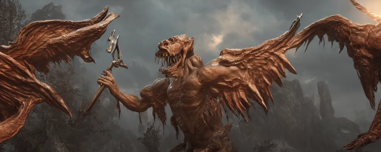 Image similar to cinematography picture of monster with angel wings, no eyes, long jaw, holding a spear, 8k, unreal engine 5, ps5, hyperrealistic, artstation, highly detailed