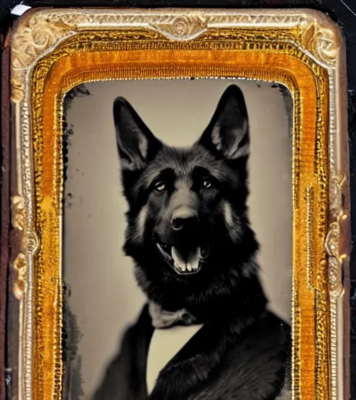 Prompt: professional studio photo portrait of anthro anthropomorphic german shepard head animal person fursona smug smiling wearing elaborate pompous royal king robes clothes degraded medium by Louis Daguerre daguerreotype tintype