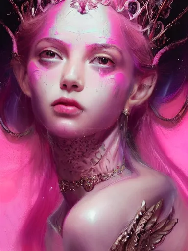 Prompt: pink portrait of young beautiful female angel queen Lena Anderson head wearing shiny pink crown, subtle purple accents, hyper details, black metal rococo, sculpted by Alex Alice, Craig Mullins, yoji shinkawa, trending on artstation, beautifully lit, Peter mohrbacher, hyper detailed, insane details, intricate, elite, elegant, luxury, ray of light through smoke, CGsociety, hypermaximalist, golden ratio, background urban cityscape, night, neofuture, volumetric, octane render, weta digital, micro details, 3d sculpture
