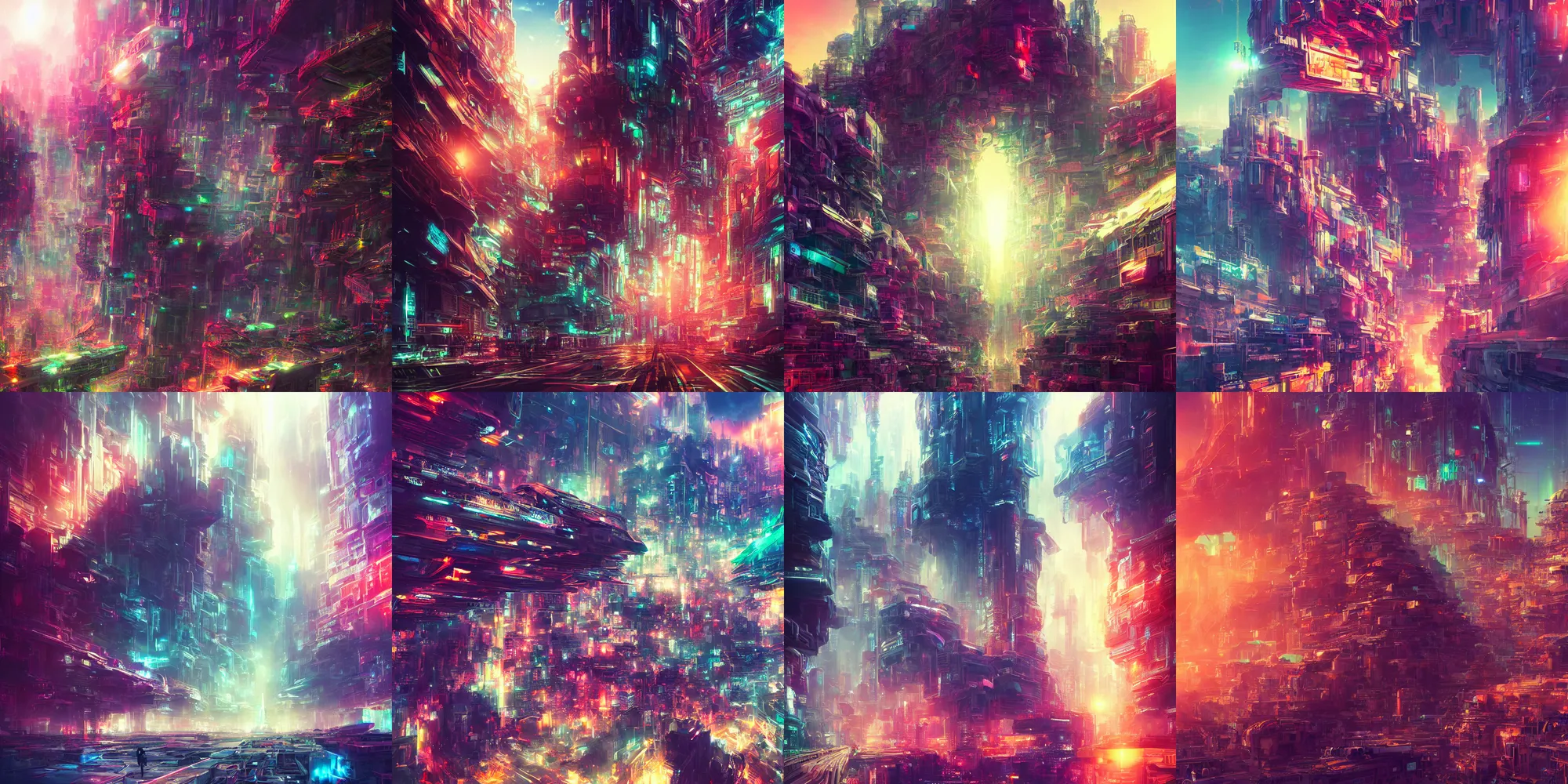 Prompt: a long ahot photograph of an colorful futuristic city, sunlight, sci - fi, long shot, cloudy artwork by yoshitaka amano and alena aenami, trending on artstation, 8 k, high resolution, insanely detailed and intricate, beautiful, unreal engine