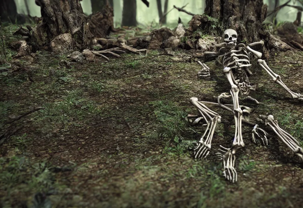 Image similar to close up of a decaying skeleton protruding barely from the dirt in a dense forrest, rain, realism, close up, unreal engine 5.