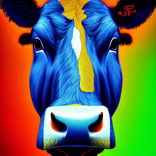 Prompt: digital painting of a guernsey cow by filipe pagliuso and justin gerard, symmetric, neon colours, highly, detailed, realistic, intricate