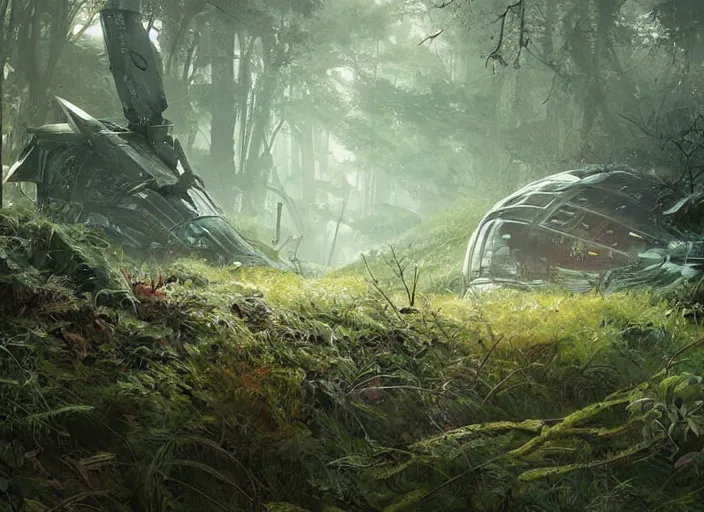 Prompt: overgrown forest, grass, weeds, beaten path, wild, thickets, crashed spaceship by Raoul Vitale and Greg Rutkowski