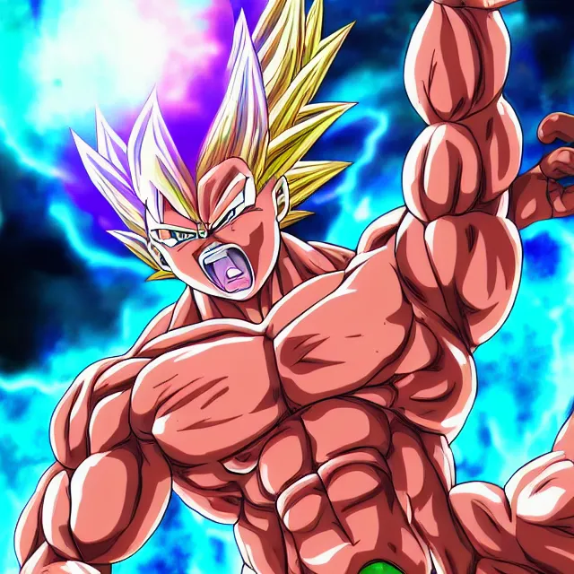 Image similar to muscular anime man powers up going super saiyan in the hyperbolic time chamber, ultrafine hyperrealistic detailed face illustration by kim jung gi, irakli nadar, intricate linework, sharp focus, bright colors, matte, octopath traveler, final fantasy, unreal engine highly rendered, global illumination, radiant light, intricate rainbow environment