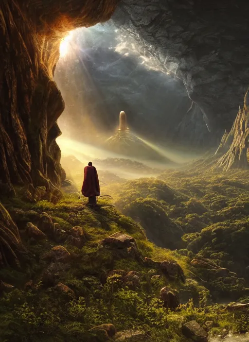 Prompt: a cosmic monk in lord of the rings scenery landscape, looking out at a lush valley, gigantic alien spacecraft in the sky, sunrise, god's rays, highly detailed, vivid color, cinematic lighting, perfect composition, 8 k, gustave dore, derek zabrocki, greg rutkowski, belsinski, octane render